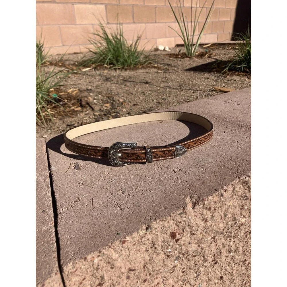 VTG Western Tooled Leather Belt Silver Engraved Buckle Tip Woman’s 80CM 30-32”